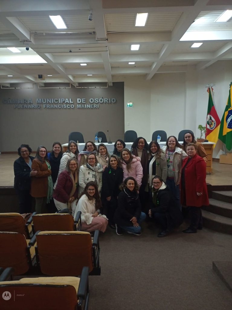 fotografia com 19 mulheres que estavam presentes na conferência. Elas estão reunidas no plenário da Câmara de Vereadores.