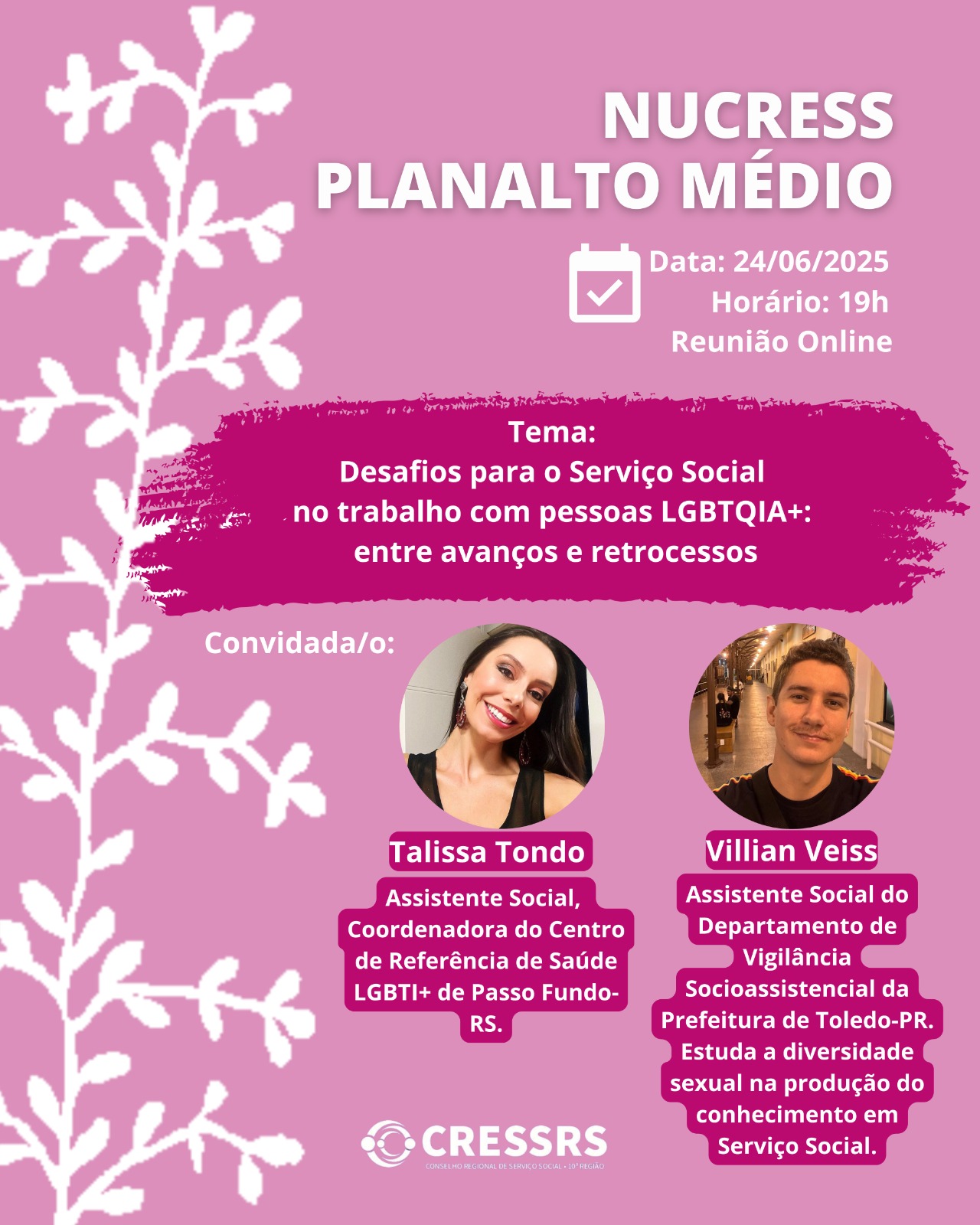 imagem com todas essas informações da reunião, com fundo rosa e com as fotografias da/do convidada/o. Mulher, branca, cabelos lisos e compridos, pretos. Homem, branco, cabelos curtos e castanhos. Ao lado esquerdo da imagem, da obra "Fundos Murrado", do artista Arthur Bispo do Rosário.