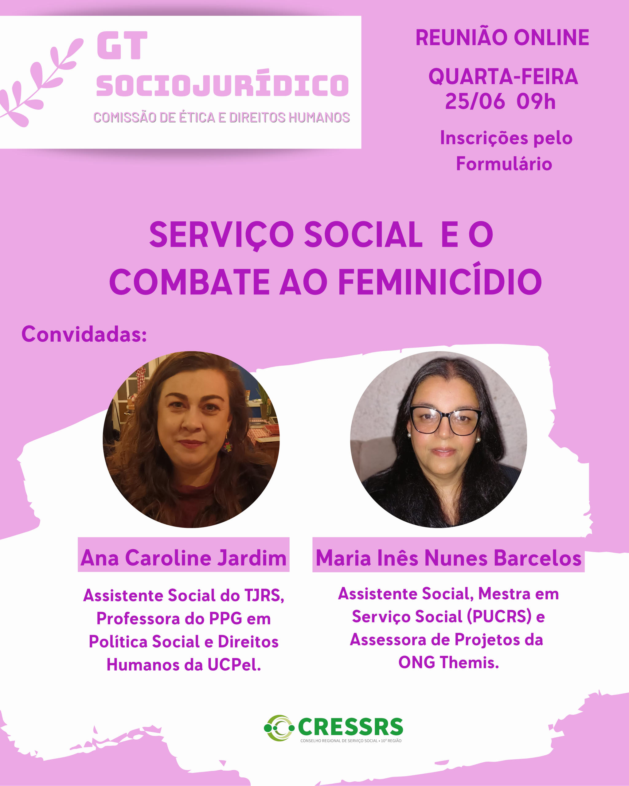 card com fundo rosa, escrito as informações da reunião. Apresenta a fotografia das convidadas, mulheres, brancas, cabelos longos.