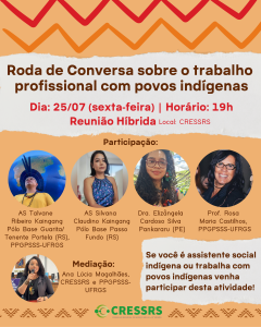 card com fundo laranja, apresenta arte com simbolismo indígena, as informações da reunião e a fotografia dos e das participantes, pessoas indígenas. E também a foto da mediadora, mulher, negra. No canto inferior direito, está escrito "Se você é assistente social indígena ou trabalha com povos indígenas, venha participar desta atividade!". 