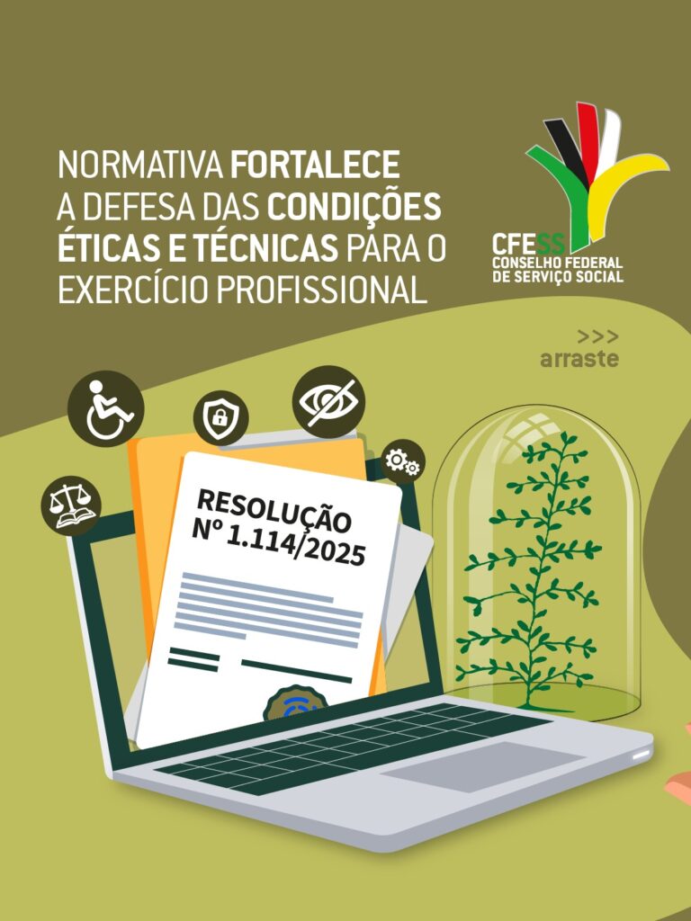 Normativa fortalece a defesa das condições éticas e técnicas para o exercício profissional. Ilustração de notebook, saindo da tela dele um ofício com a Resolução nº 1114/2025. Ao lado, um vidro com um ramo de árvore dentro.