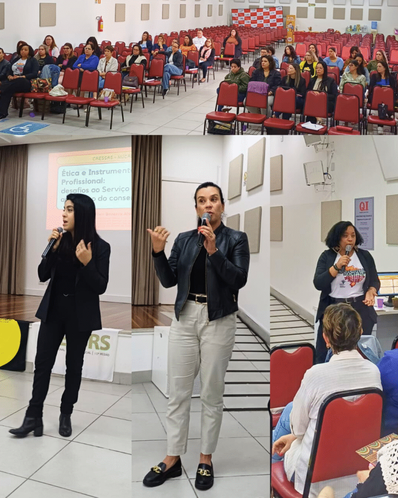 Montagem com fotografias de público em geral, sentado em cadeira vermelhas, e de três mulheres, duas brancas e uma negra, falando ao microfone, de pé. 