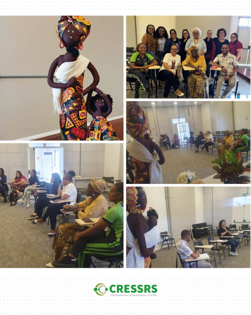 Uma montagem com cinco fotos da reunião no NUCRESS Lagoa, com a presença de cerca de 12 pessoas, todas mulheres e apenas 01 homem. Tem uma mulher negra, vestida com turbante, e outras pessoas negras e brancas. Uma das fotos é de uma boneca negra. Em duas das fotos, as pessoas estão sentadas em roda.