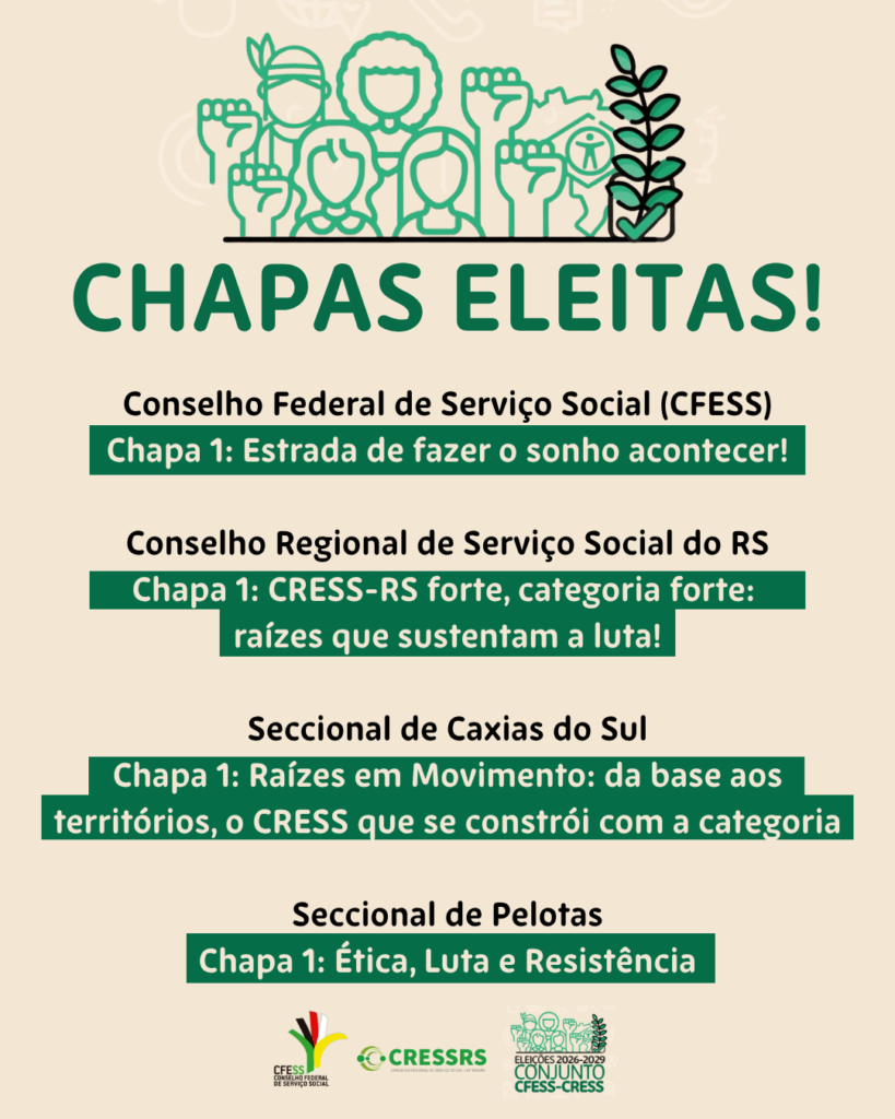 Chapas eleitas! Conselho Federal de Serviço Social (CFESS), CHAPA 1: Estrada de fazer o sonho acontecer! Conselho Regional de Serviço Social do RS, CHAPA 1: CRESS-RS forte, categoria forte: raízes que sustentam a luta! Seccional de Caxias do Sul, CHAPA 1: Raízes em Movimento: da base aos territórios, o CRESS que se constrói com a categoria. Seccional de Pelotas, CHAPA 1: Ética, Luta e Resistência!