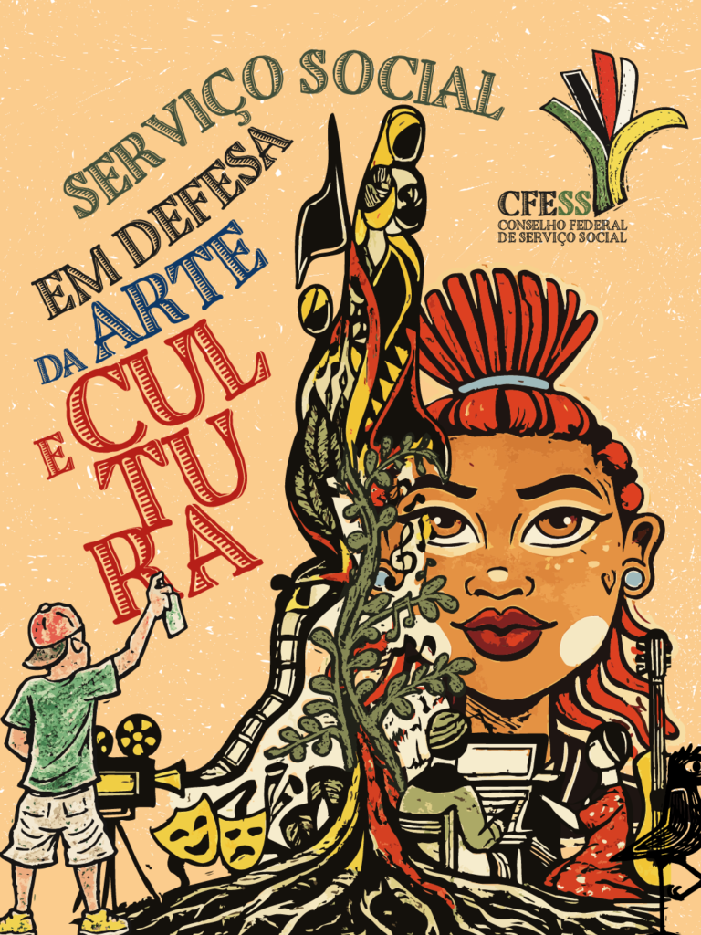 Serviço Social em defesa da arte e cultura. Ilustração de menino de boné usando uma lata de sray, câmeras de vídeo, máscaras do teatro, uma árvore no centro, uma mulher, negra, de cabelos vermelhos em coque, abaixo uma pessoa escrevendo e outra pessoa lendo. Cores laranja, preto, vermelho, amarelo, verde. 